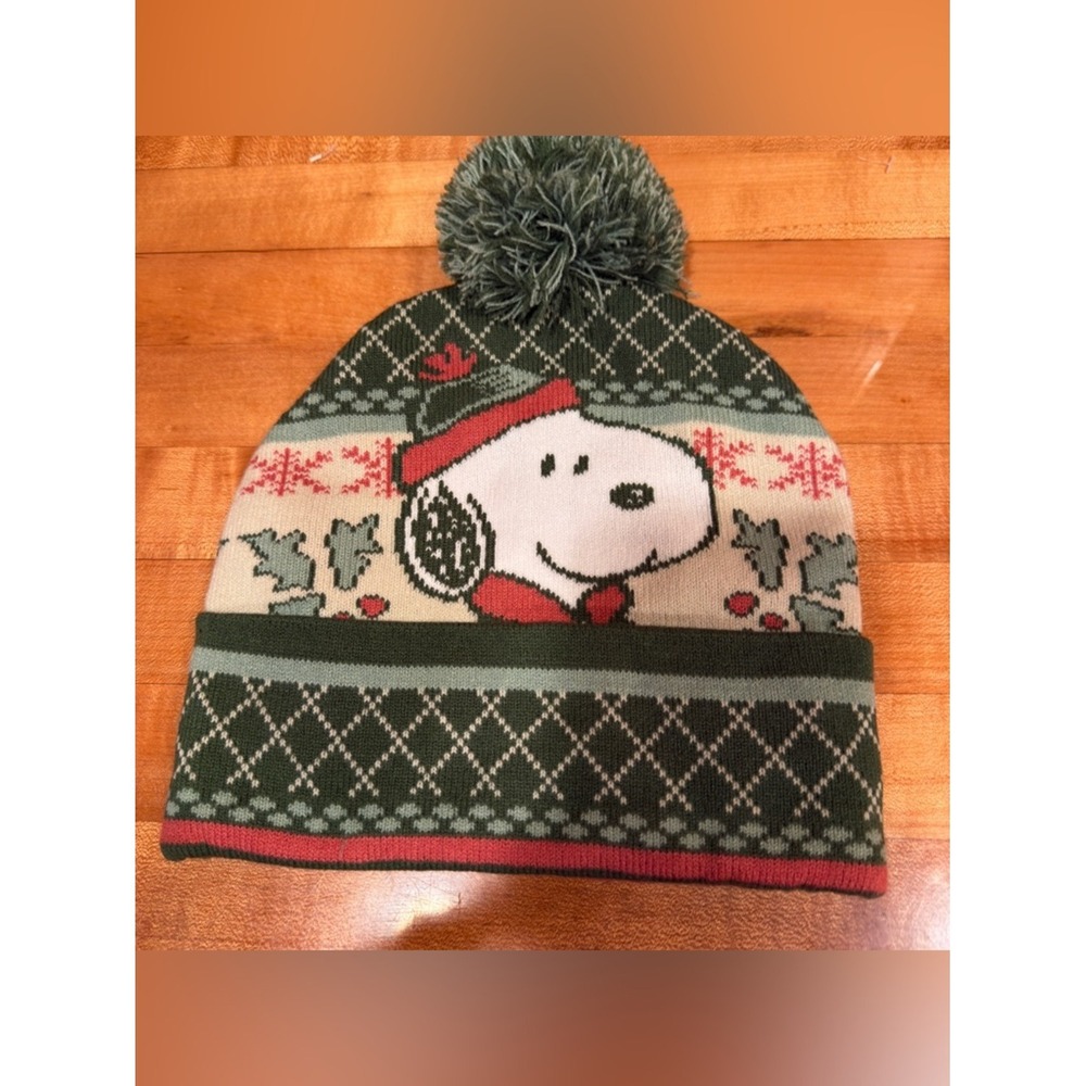 Snoopy Knit Pom Pom Beanie Hat in Green and Cream